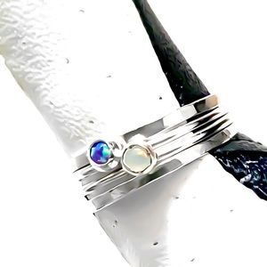 (2-13) 925 Sterling Silver Purple Opal & Rainbow Moonstone Stacking Rings Set